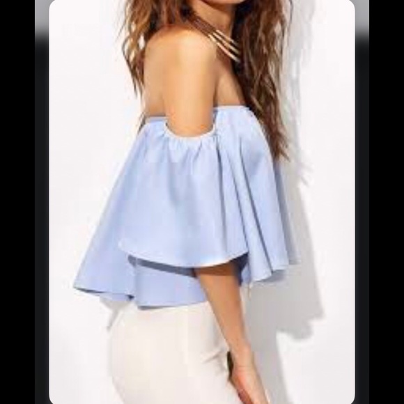 Blue off shoulder summer sleeve top blouse shirt - Picture 3 of 4